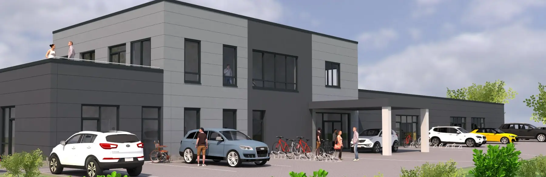 Panorama-Visualisierung des neuen Move und Mind Gebäudes mit Eingangsbereich und Dachterrasse